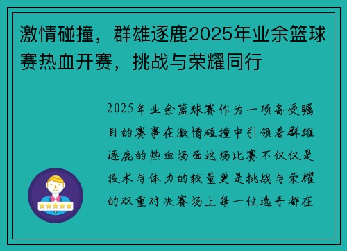 激情碰撞，群雄逐鹿2025年业余篮球赛热血开赛，挑战与荣耀同行