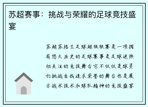 苏超赛事：挑战与荣耀的足球竞技盛宴