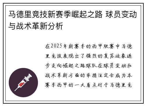 马德里竞技新赛季崛起之路 球员变动与战术革新分析