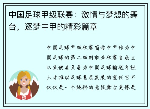 中国足球甲级联赛：激情与梦想的舞台，逐梦中甲的精彩篇章