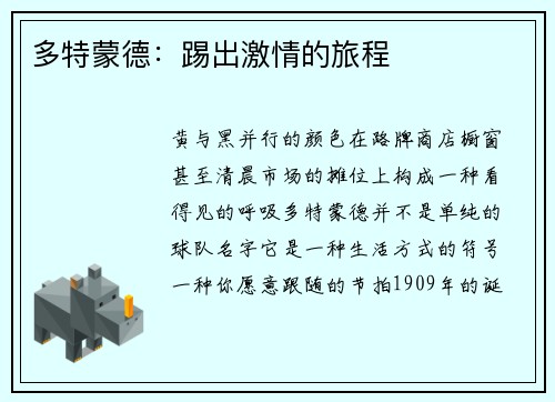 多特蒙德：踢出激情的旅程