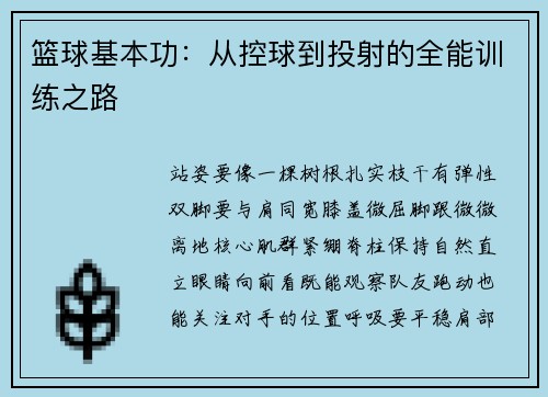 篮球基本功：从控球到投射的全能训练之路