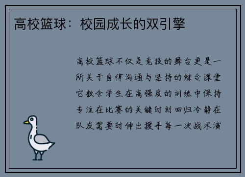 高校篮球：校园成长的双引擎