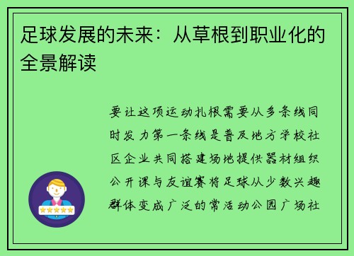 足球发展的未来：从草根到职业化的全景解读