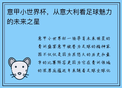 意甲小世界杯，从意大利看足球魅力的未来之星